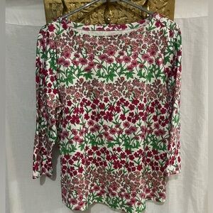 Charter Club White Floral Long Sleeve Boatneck Top with Pink and Green Print